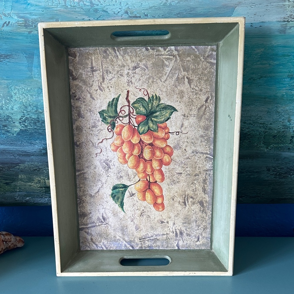 Deep Distressed Decorative Grape Serving Tray in Green and Orange